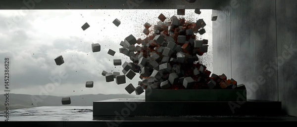 Obraz Cubic fragments explode from a platform against a grey backdrop