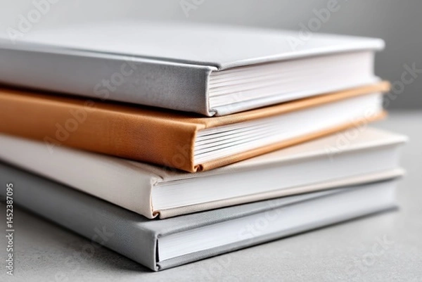 Fototapeta Close-up of Stacked Hardcover Books with Textured Linen Covers in Neutral Colors, Perfect for Home Decor Mockups