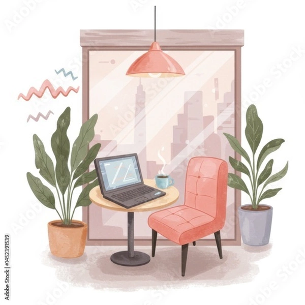 Fototapeta Pastel City View Workspace with Laptop and Plants