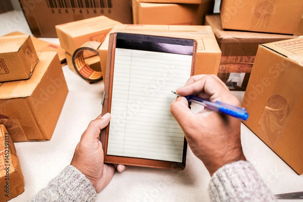 Fototapeta Seller Checking Packing boxes, Hands with pen writing on a blank notepad near cardboard boxes. Inventory check or packing list creation. e-commerce concept