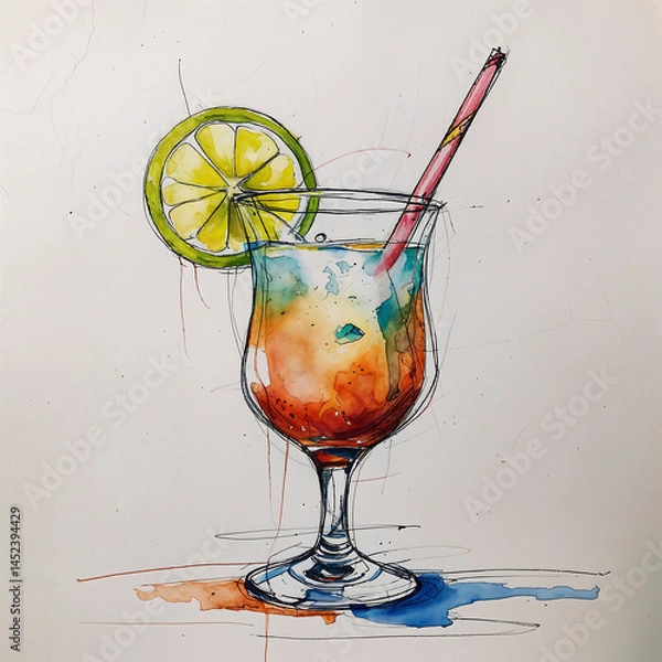 Fototapeta Colorful cocktail with lime slice and straw served in an elegant glass on a light background
