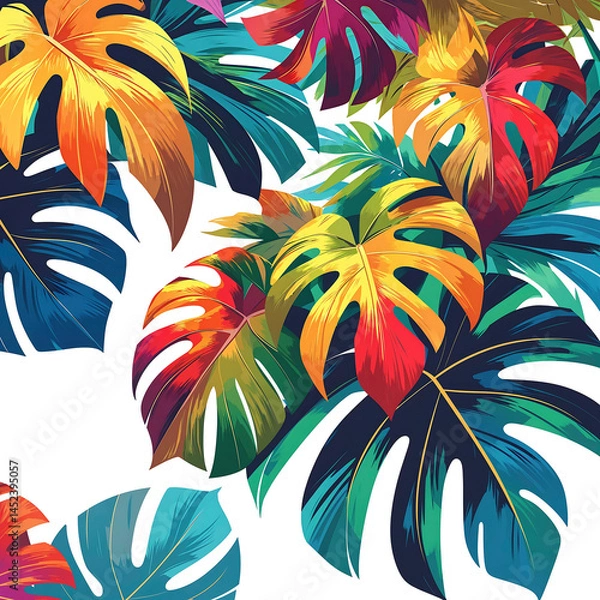 Fototapeta Colorful tropical leaves create a vibrant botanical display with various shades and textures in a lively arrangement