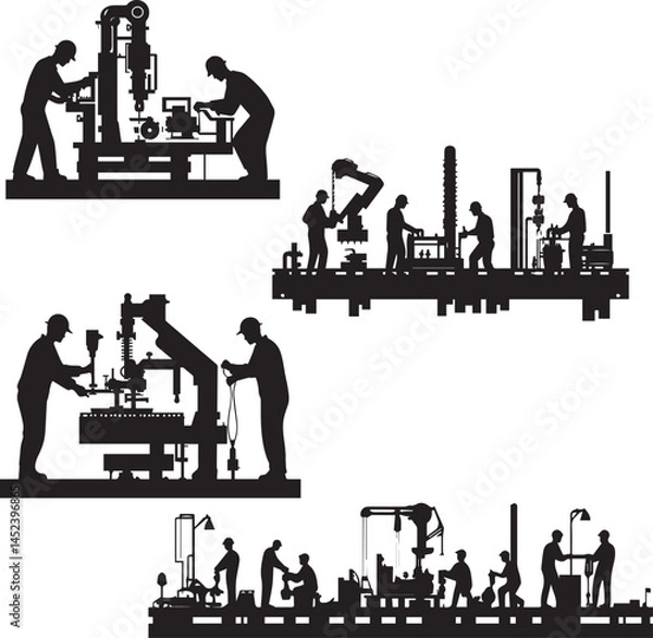 Fototapeta Factory Workers Operating Machinery silhouette vector