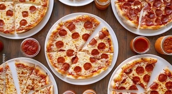 Obraz Fresh Pepperoni Pizza in Display Case  Hot and Delicious Fast Food Close-Up