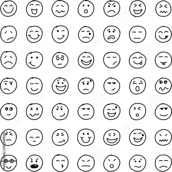 Fototapeta Face Emotions. set of emoji in round shapes. Doodle Emoji face icon set. Emoji faces icon in hand drawn style.