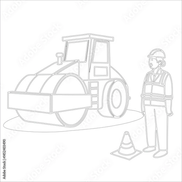 Fototapeta Female Asphalt Paver Operator Engineer in Hard Hat at Industrial Highway Construction Site Roadwork, Safety, Machinery, and Team Collaboration Line Art