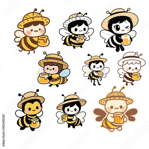 Fototapeta outline sketch of honey bee wearing straw hat and carrying honey, flirty chibi style