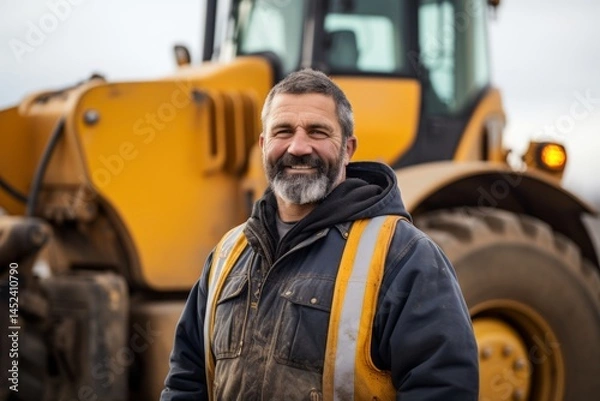 Fototapeta Smiling middle aged heavy machinery driver standing by a construction vehicle in a construction site
