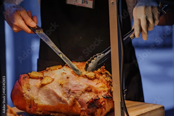 Obraz roasted ham pork with juicy pices pinapple slice in party dinner