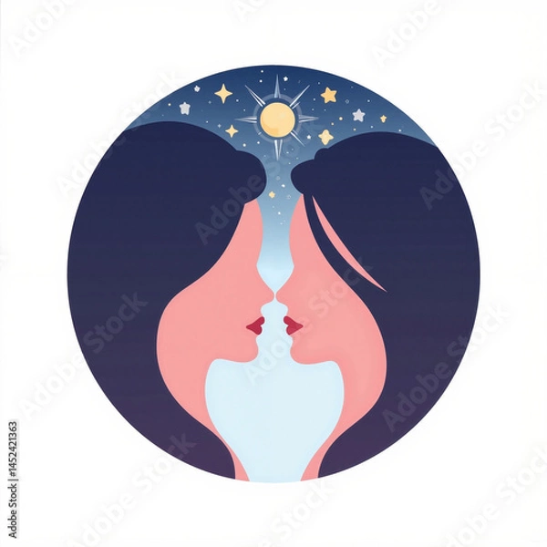 Fototapeta Two Women Face Each Other under Stars and Moon in Astrology Theme  