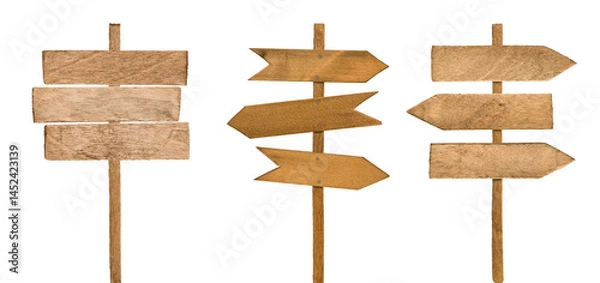 Fototapeta Set of wooden directional signposts isolated on white background with clipping path. Design element. Collection of direction signs.