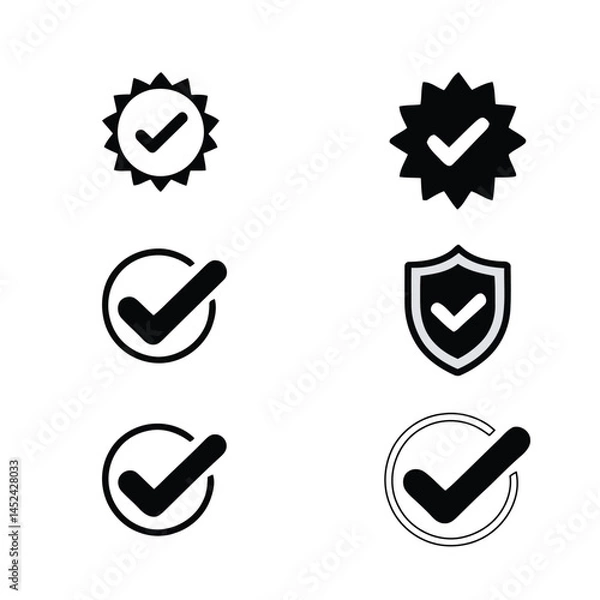 Fototapeta "Set of Check Mark Icons – Approval, Verification, and Certified Symbols in Black Vector Style"

