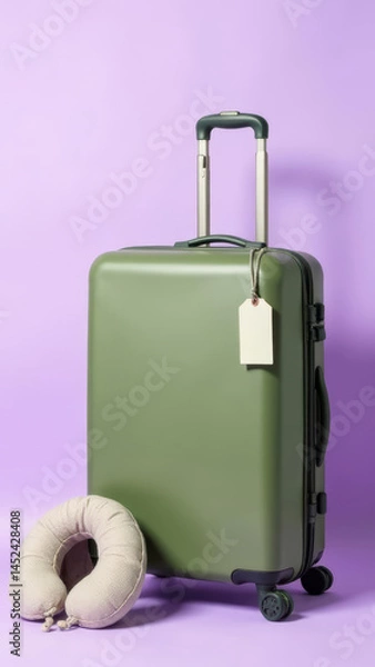 Fototapeta A minimalist image of an olive green suitcase placed on a soft lavender background, accented with a travel tag and a stylish neck pillow, copy space