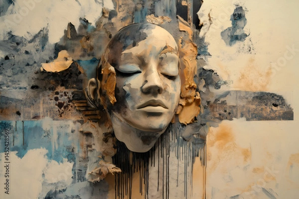 Fototapeta Mixed media artwork featuring a serene face emerging from a textured canvas, blending painting, sculpture, and collage techniques