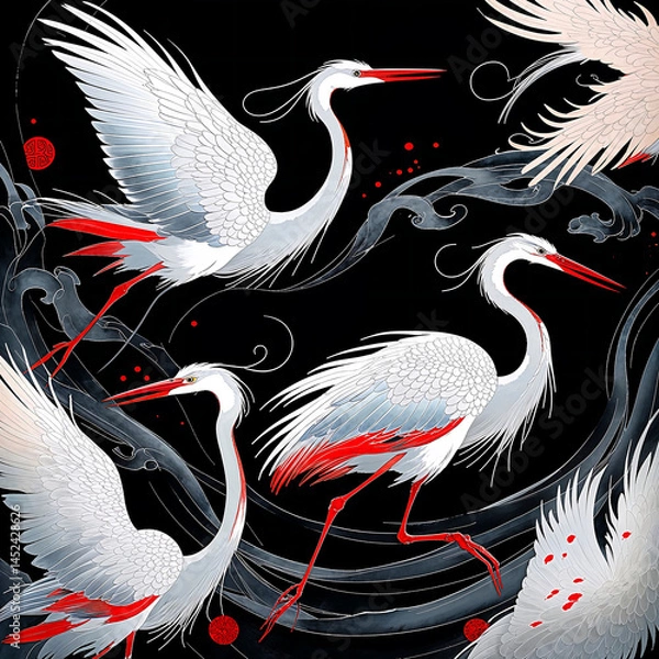 Fototapeta Cranes gracefully moving through swirling clouds in an intricate artistic depiction