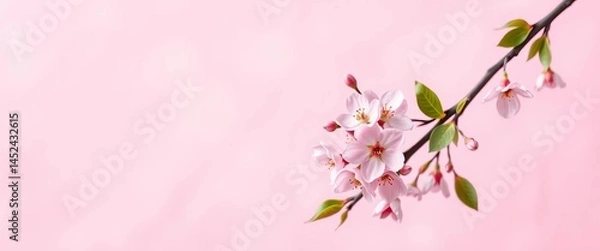 Fototapeta Delicate spring pink flower branch pattern on a soft pink background, empty space, petals