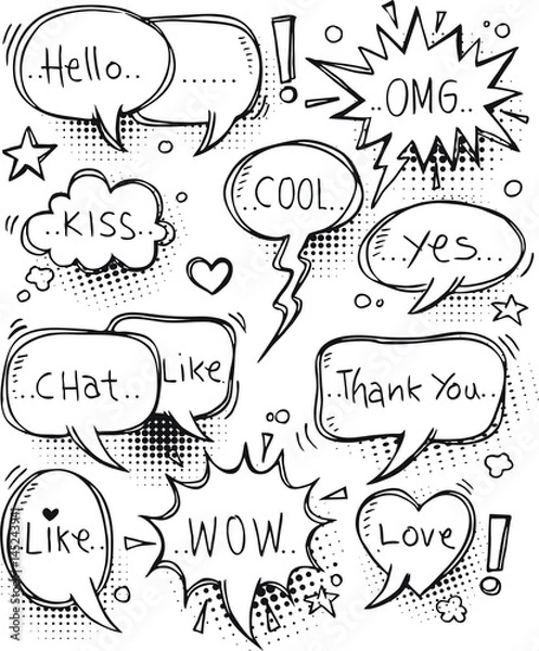 Fototapeta set of speech bubbles with dialog words: Hello, Love, chat, like, thank you, cool.