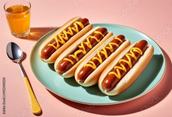 Fototapeta Four hot dogs on a plate with mustard on top