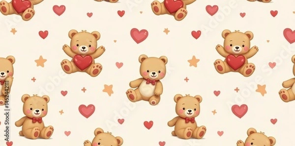 Fototapeta Cute bear pattern with hearts and stars for baby products, nursery, whimsical