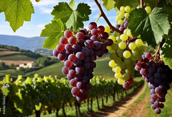 Fototapeta A bunch of grapes hanging from the vineyard vine