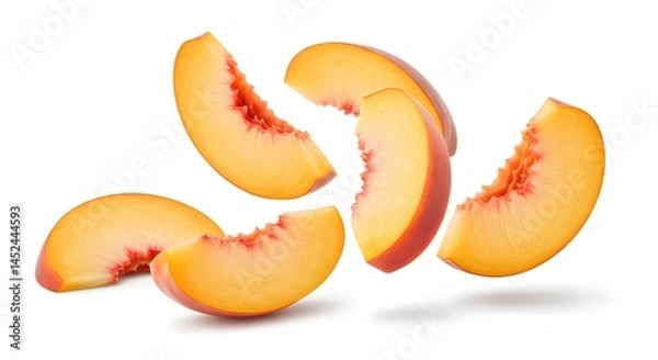 Fototapeta Peach slices flying, soft shadows, white background