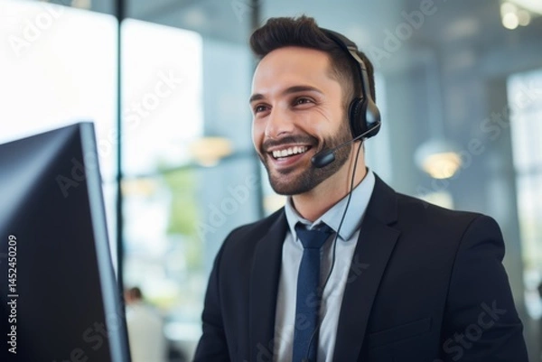 Fototapeta smiling young businessman with a headset working in a call center
