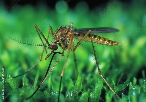 Fototapeta Close-up of a Mosquito Sitting on Green Moss in a Natural Setting with Detailed Features Highlighted, Capturing Nature's Intricacies and Insect Behavior