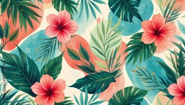 Fototapeta Tropical Floral Pattern with Hibiscus and Palm Leaves
