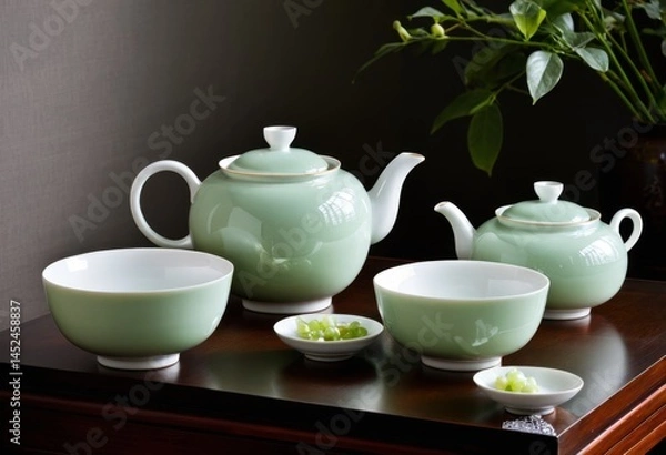 Fototapeta A table with lots of green teapots and bowls