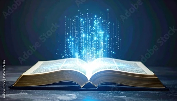 Obraz Open book emitting digital data and binary code symbolizing knowledge transfer and technology integration in a modern setting