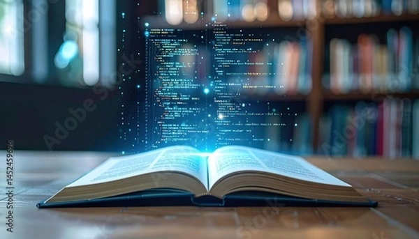 Fototapeta Open book with glowing code projected above it, representing digital learning and technology in an academic setting
