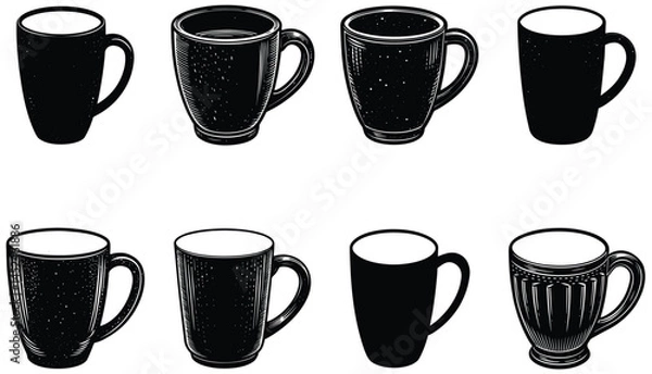 Fototapeta A set of r ceramic cups, black mugs, and coffee cups are isolated objects for hot drinks