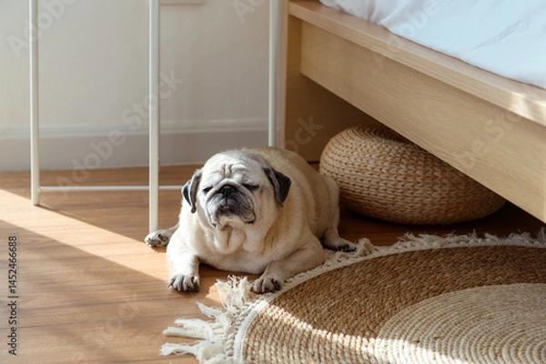 Fototapeta Pug Resting Peacefully on a Wooden Floor in a Cozy Indoor Setting During Daylight Hours
