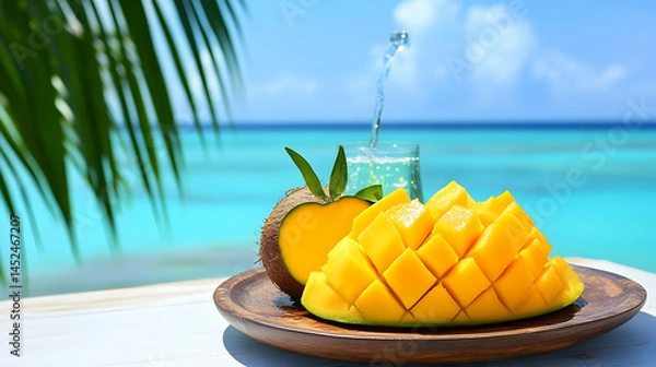 Fototapeta Tropical refreshment: mango, coconut and sparkling water by the tranquil sea