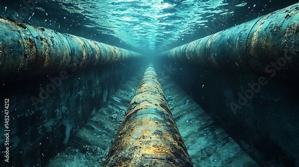 Fototapeta Underwater Industrial Pipeline Infrastructure Rusted Pipes and Deep Ocean Trench