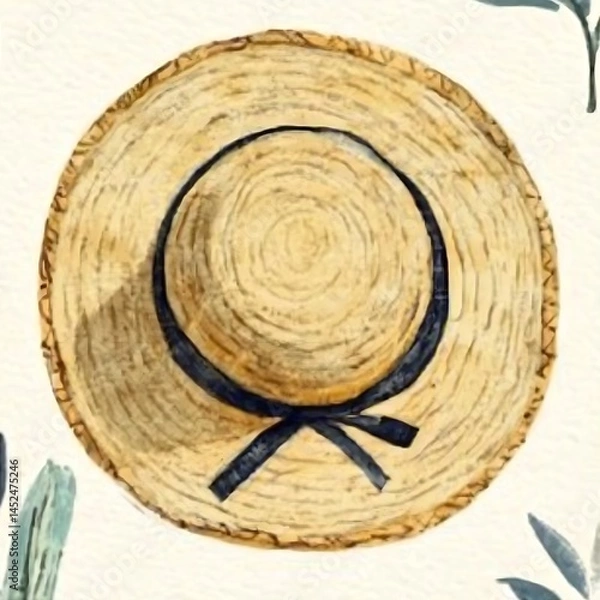 Fototapeta Watercolor Illustration of a Straw Hat with Blue Ribbon, Summer Theme