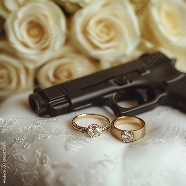 Fototapeta Wedding Rings Resting on a Pillow Near a Handgun