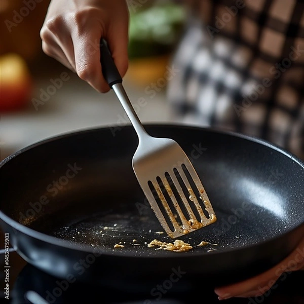 Fototapeta Woman Cooking Scrambled Eggs in Pan Using Spatula