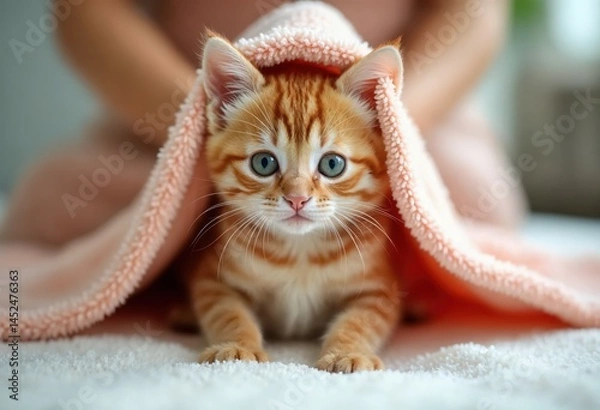 Fototapeta Adorable Kitten Resting Under Soft Pink Blanket at Home.jpeg