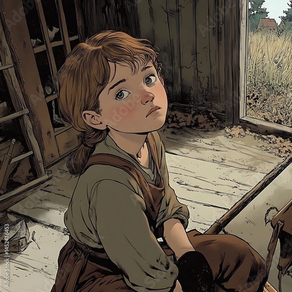 Fototapeta Young Girl in Rustic Barn, Pensive Expression, Thoughtful Pose, Illustration