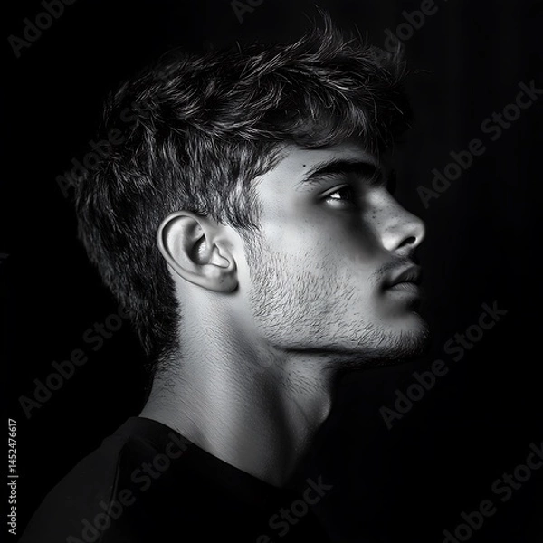 Fototapeta Young Man Profile, Dark Background, Pensive Expression, Intense Gaze,  Thoughtful Pose, St