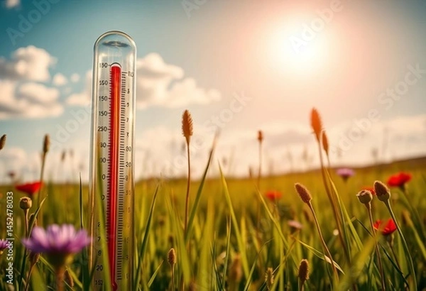 Fototapeta Red mercury climbs high on a thermometer in a sun-drenched meadow, grass, sun