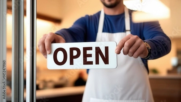 Fototapeta Close-up of a person holding an open sign at a store entrance, symbolizing business opening or welcoming customers