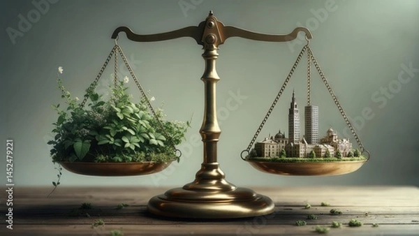 Fototapeta Vintage balance scale comparing greenery and urban buildings symbolizing environmental sustainability and urbanization