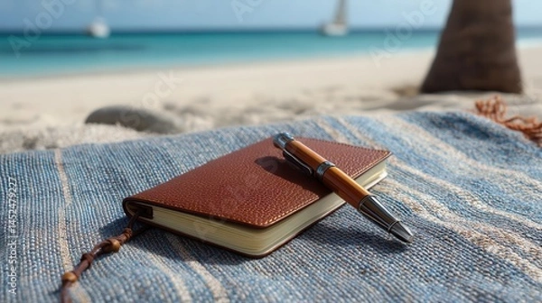 Fototapeta Travel wellness getaways beach relaxation A journal and pen on a beach mat by the shore.