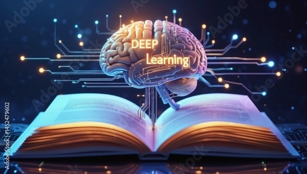 Fototapeta Artificial intelligence concept with brain and open book, glowing circuits and text "DEEP Learning" in futuristic design