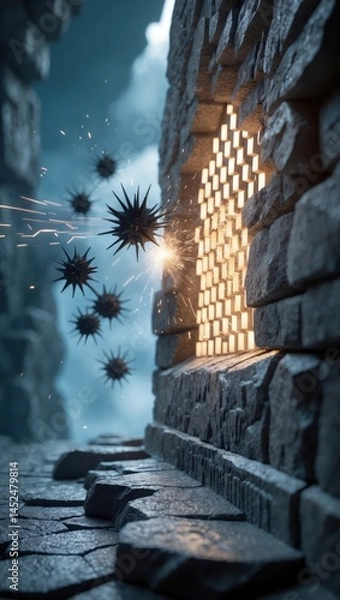 Fototapeta Spiked metal balls flying toward illuminated stone wall with glowing grid pattern in dark medieval dungeon setting