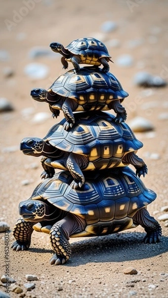 Fototapeta Stack of four turtles balancing on each other on a sandy beach with a blurred background