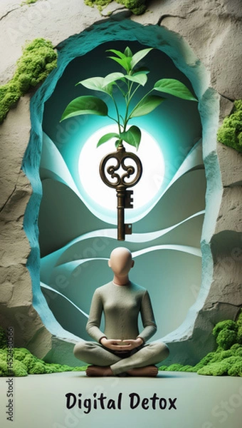 Fototapeta Surreal concept of digital detox with meditating figure, key, and plant growth symbolizing mindfulness and nature