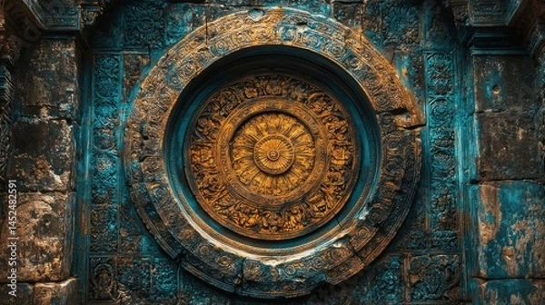 Obraz Ancient Temple's Intricate Mandala: A Golden Wheel of History